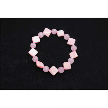 Rose Quartz 8MM Round Beads Stretch Gemstone Bracelet with square shape pearl